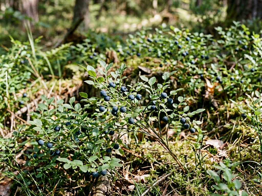 Wild blueberry bush bearing ripe berries in a sunlit forest