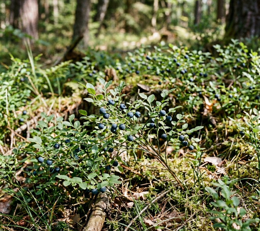 Wild blueberry bush bearing ripe berries in a sunlit forest