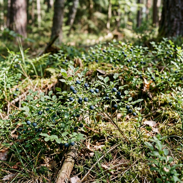 Wild blueberry bush bearing ripe berries in a sunlit forest